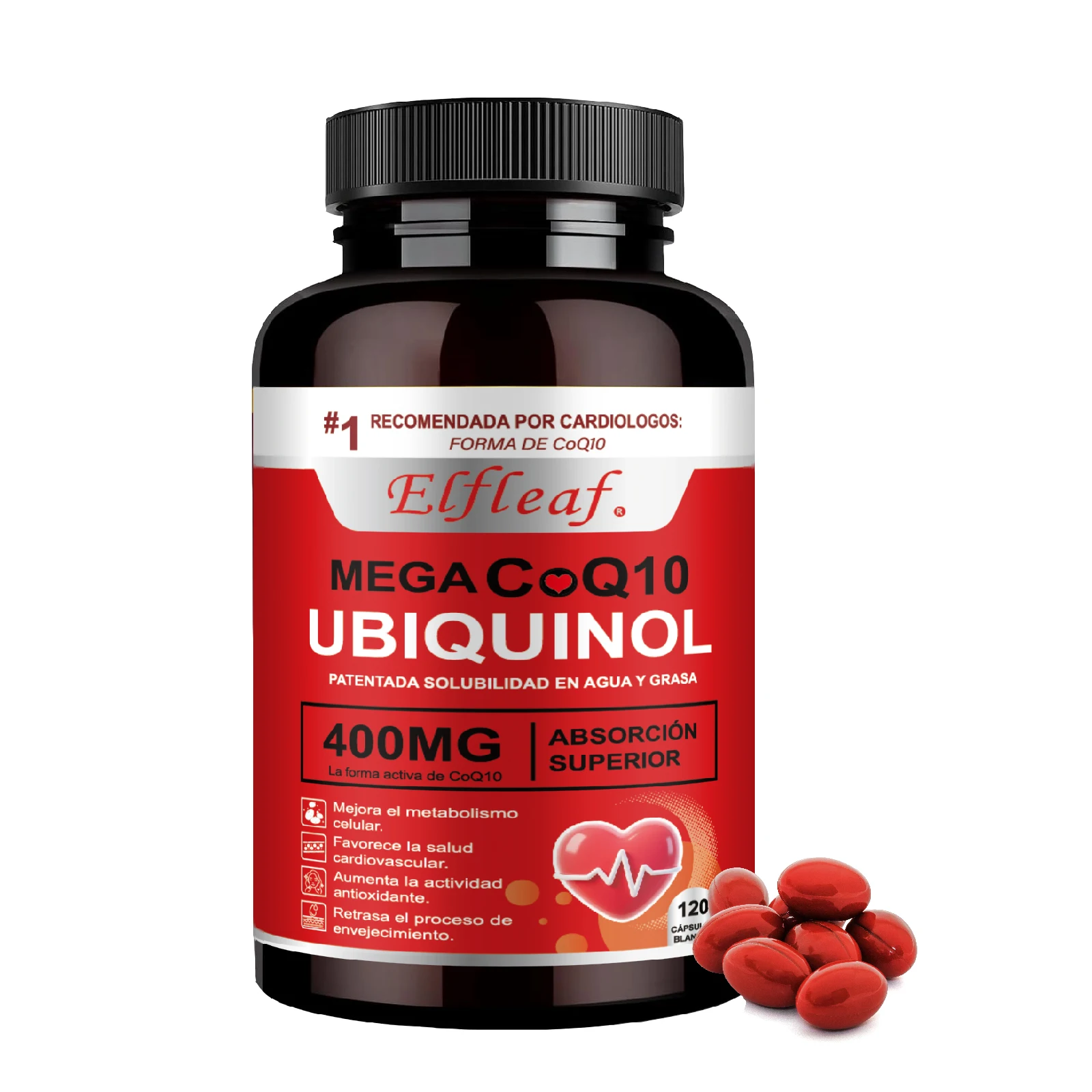 Elfleaf Coq10 Cápsulas,120 Cápsulas,con Vitamina E,PQQ,400 Mg Coq10 Y Omega-3,Salud cardiovascular,metabolismo celular,Hígado,hueso Y Apoyo Antioxidante