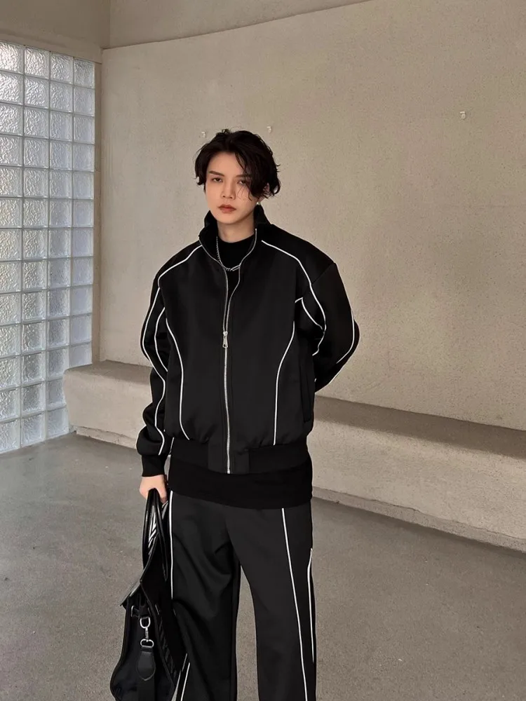 남성용 긴 소매 스탠드 칼라 재킷, 와이드 레그 팬츠, 루즈핏 러닝 운동복, 남성 스포츠 세트, 2 피스 세트, 용수철 가을 신상