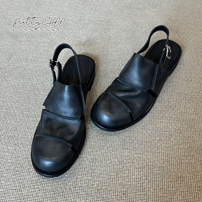 Soft Leather Greek Sandals Woman Retro Round Closed Toe Slingback Shoes Ladies Summer Cut-Out Buckle Strap Flat Zapatos