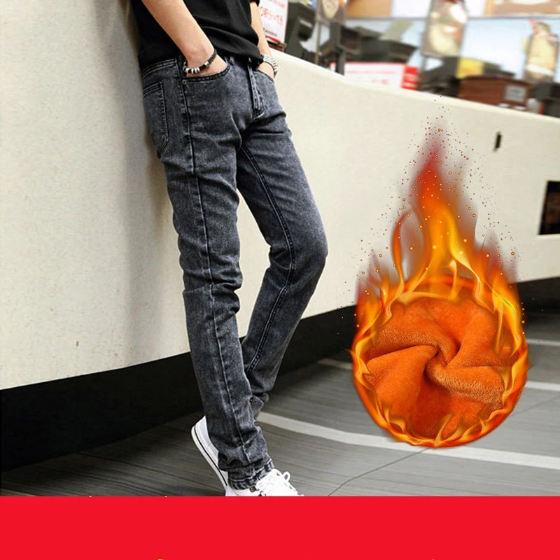 Autumn Winter 2022 Plus Velvet Mens Jeans Skinny Stretch Casual Warm Pants Mens Trousers Thicken Teenagers Pencil 