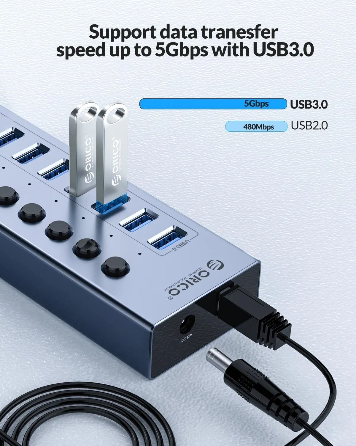 ORICO Aluminum Powered USB3.0 HUB 7/10 Ports USB Extension with Switches 12V Power Adapter Support BC1.2 Charging Splitter 5