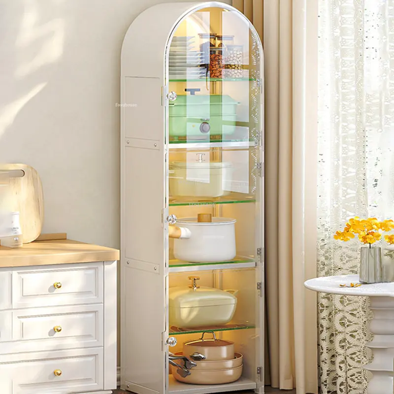 Nordic Simple Tempered Glass Kitchen Cabinets Slot Rack Household Kitchen Furniture Multi-layer Narrow Storage Cabinet with Door 2
