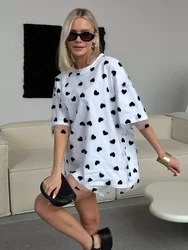 Heart Mesh Patchwork Vintage Chic T-Shirt - Women's Casual Cotton Short Sleeve Tops - M (White tee black mesh)