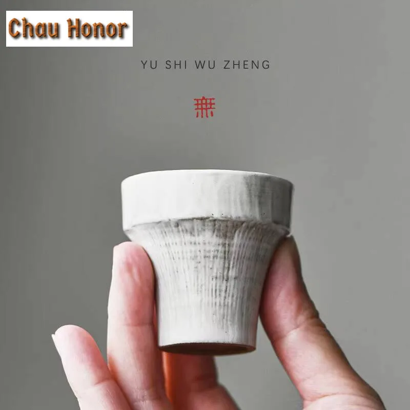 2pc/set Hand Made Powder Yin White Ceramic Teacup Japanese Coarse Pottery Creative Stripe Flower Master Cup Kung Fu Teaset 40ml