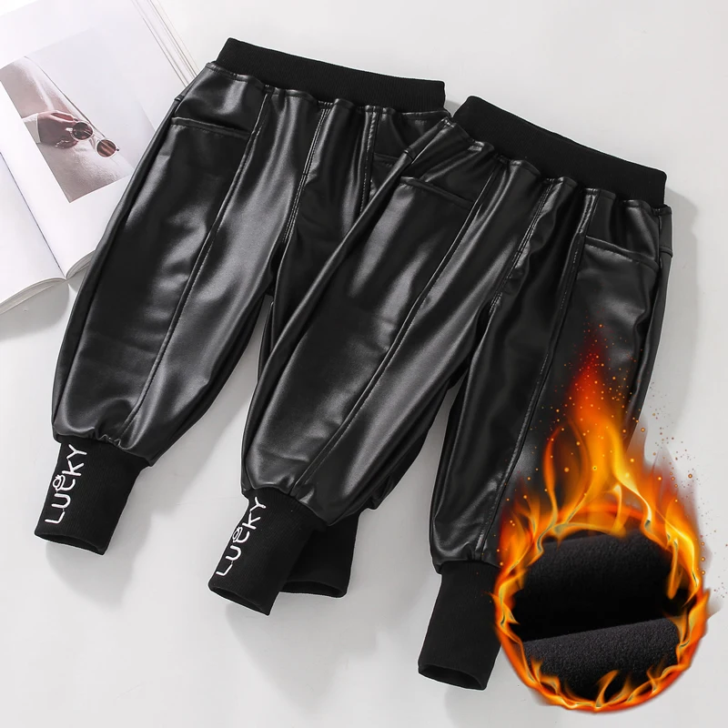 Girls Faux Leather Pants Plush Velvet Black Fashion PU Trousers For Children Winter Autumn Kids