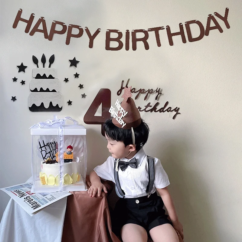 Ins Style Kaffeefarbe 0-9 Zahlen Filz Wandaufkleber Alles Gute zum Geburtstag Hut Flagbanner Ballon Babyparty Kindergeburtstag Party Dekor – Detail 7