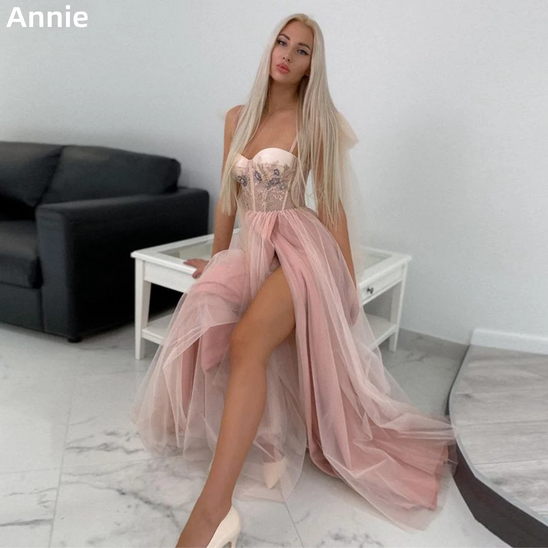 

Annie Embroidered Spaghetti Straps Prom Dresses Pink Organza Cocktail Custom Evening Dresses A-shaped 2023 Damen Abendkleid