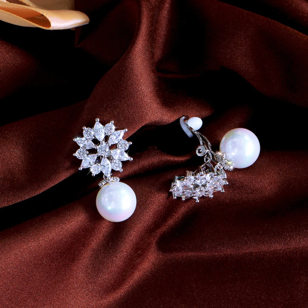 Ear Clip Earrings Clip Earrings Ear Clip Ear Accessories CWWZircons Elegant Cubic Zirconia Flower Pearl No Hole Earrings for Women Fashion Jewelry Ear Clip On Non Pierced Earring EJ0006