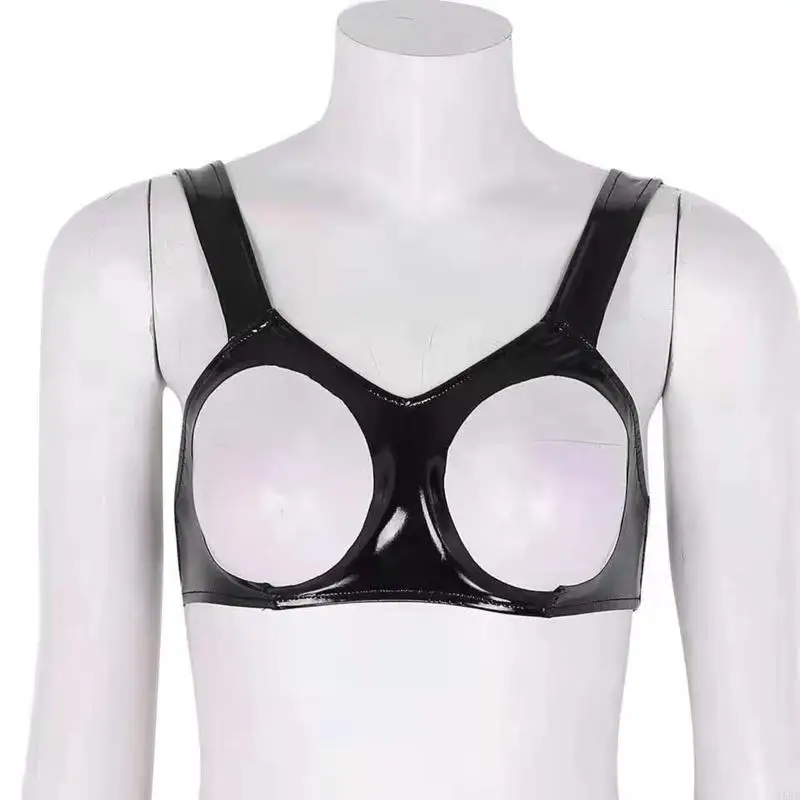 N5KB Glossy Open Cup Bras Pu Leather Bra Tops Hollow Out Breast Female Underwear