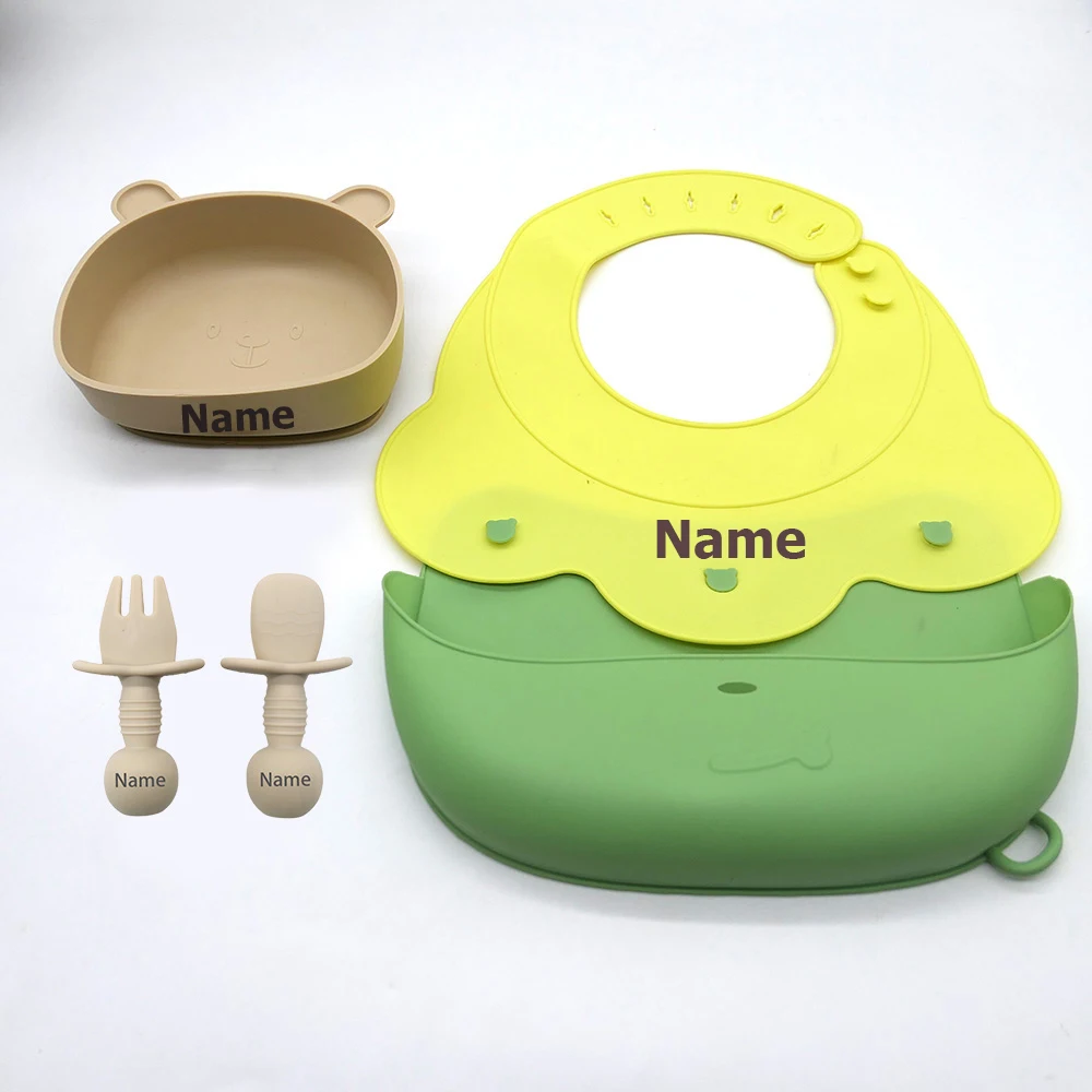 Silicone Bib & Tableware Set Waterproof & Easy to Clean Free Name Engraving Creative Gifts Customized for Babies