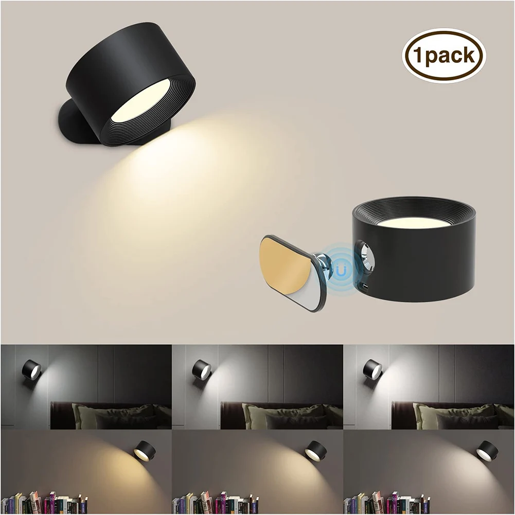 Luci a parete a LED USB ricaricabile 360 ° ruota sfera magnetica Touch Control applique da parete per comodino da lettura camera da letto