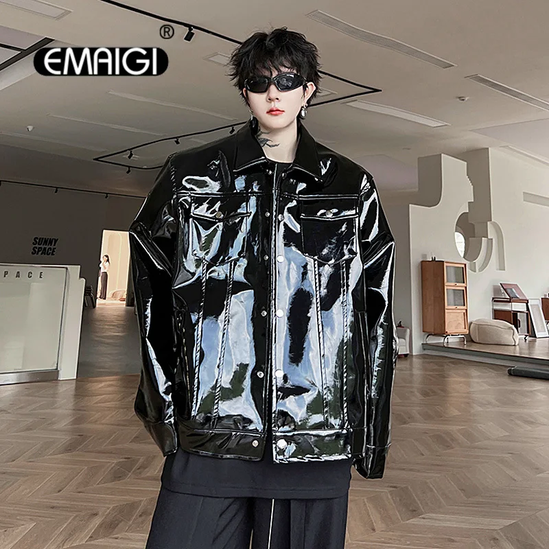 Men Streetwear Fashion Loose Casual Patent Leather Jacket