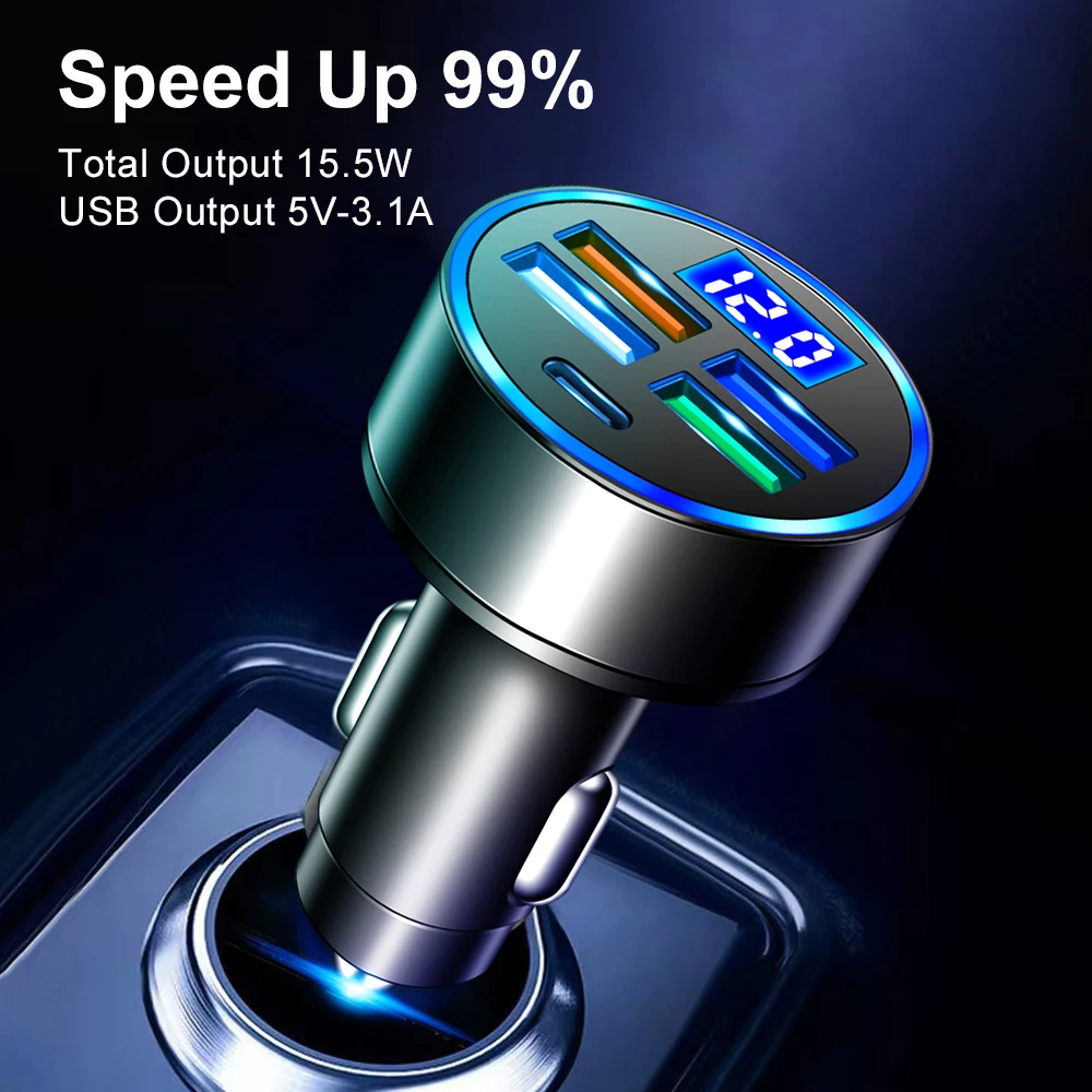 3.1A 4 USB Car Charger Cigarette Lighter Adapter PD Type C Car USB Charger With LED Fast Charging For Smartphone Mobile Phone