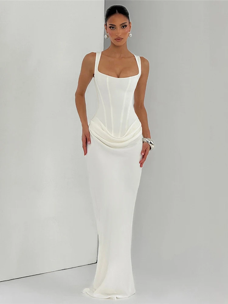 Nibber Fake Fake Dekoration Maxikleid, ärmellos, rückenfrei, tiefer Ausschnitt, Falten, elegantes Bankett, schlicht, klassisch, dünn, schick, Vestidos – Detail 17