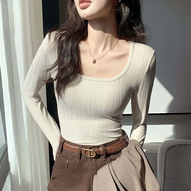 

2024 New Women's Solid U-Neck Fashion Casual Pit Neck Elegant Slim Versatile Long Sleeve T-shirt Top Spring Style Popular