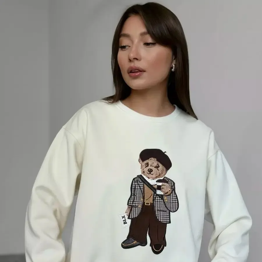 European American Cute Age Reduction Versatile Fun Printing Cartoon Autumn Winter New Round Neck Fleece Thickened Sweater Women