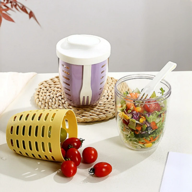 

New Portable Breakfast Salad Cup Yoghurt Cereal Nut Container Set with Fork Double Drain Fruit Cups Picnic Bento Lunch Box