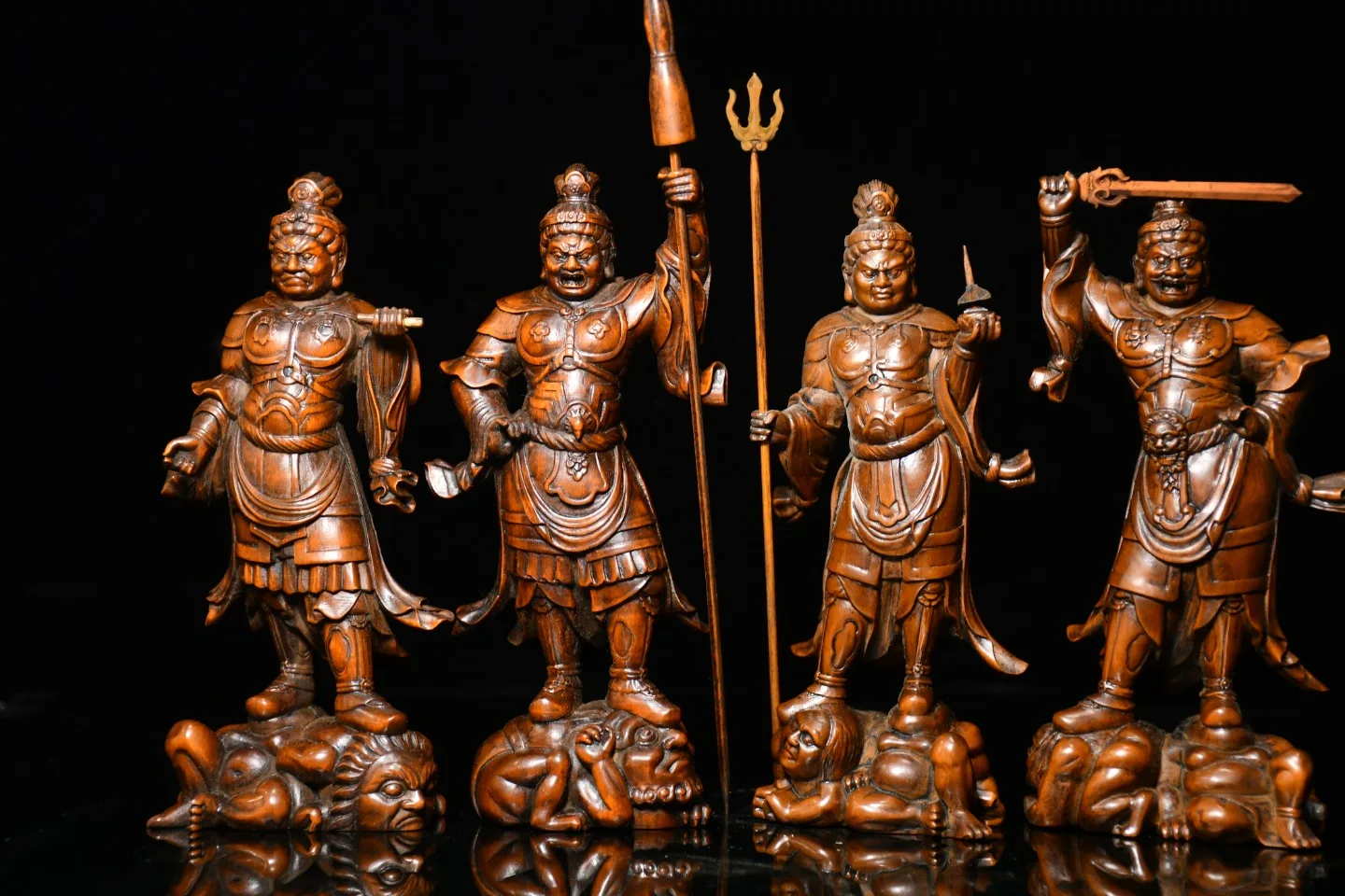 

7"Tibet Temple Collection Boxwood myth Four kings set Guardian of the Four worship buddha Town house Exorcism