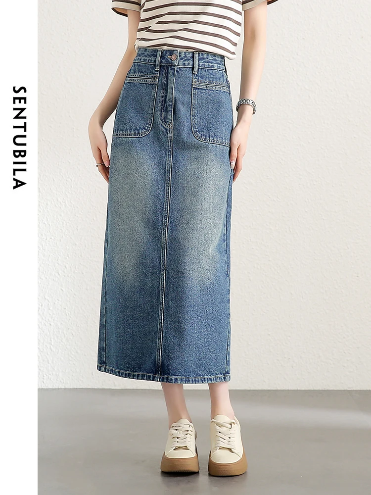 

SENTUBILA Casual Split Straight Cotton 100% Denim Skirt 2024 Summer Comfort Fashion Solid Midi Skirts Woman Clothing W41Q53767