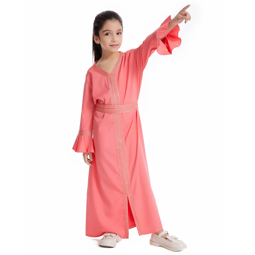 

Muslim Islamic Girls Ramadan Solid Color Abaya Dress Children Long Sleeve Kaftan Gown Arab Prayer Robe Turkish Kids Clothing