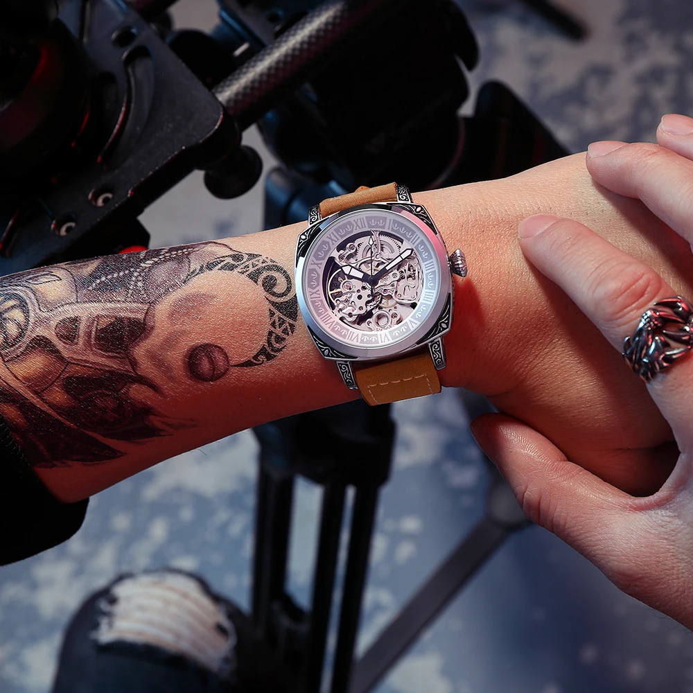 relojes para hombre Skeleton Waterproof watches for men Automatic Mechanical men's wrist watch steampunk with genuine leather