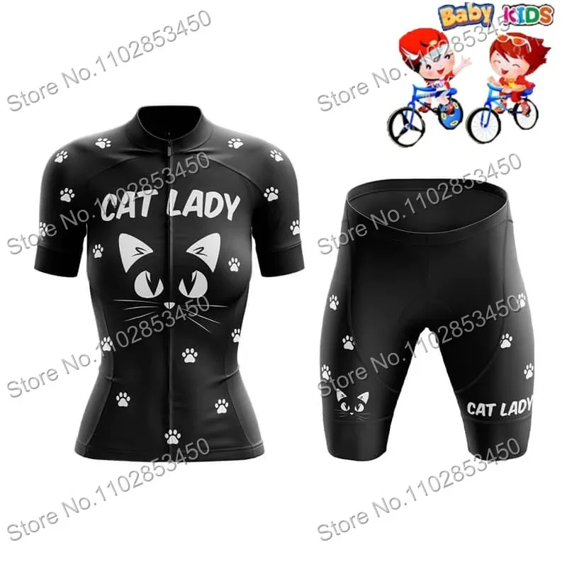 2023 Kids Funny Cartoon Cat Cycling Jersey Set Summer Short Sleeve Girls Clothing Kits Children Road Bike Tops Bicycle Suits MTB 4