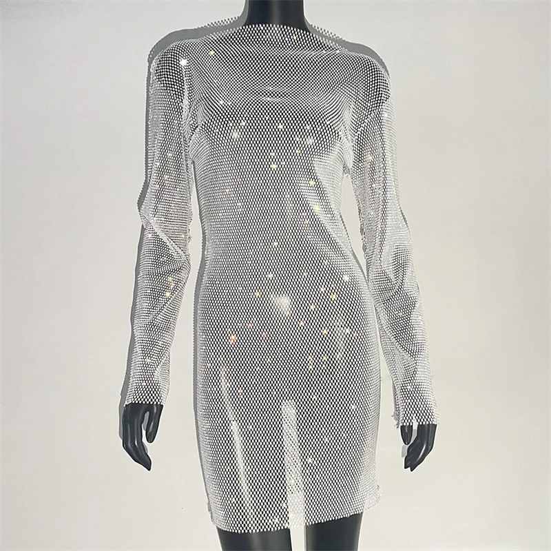 2024 New Women Crystal Diamond Sexy Bodycon Dress Hollow Out Long Sleeve  Mini Dress Female See Through Rhinestone Party Dress - AliExpress 200000345