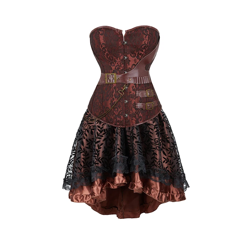 Brown Corset Dress Set Women's Steampunk Gothic Bustier Corset with High Low Skirt 3