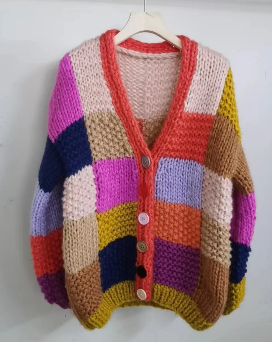

Lazy Knitted Cardigan Thick Warm Sweater Fall/Winter 2023 New Women's Contrast Stick Long Sleeves V-neck Loose Oversized Coat