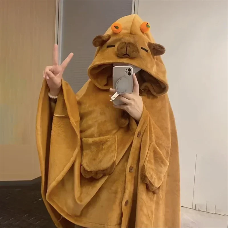 Cartoon Capybara Wearable Hooded Blanket for Adult Soft Warm Flannel Cute Capybara Hoodie Shawl Throw Cloak Wrap for Home Office