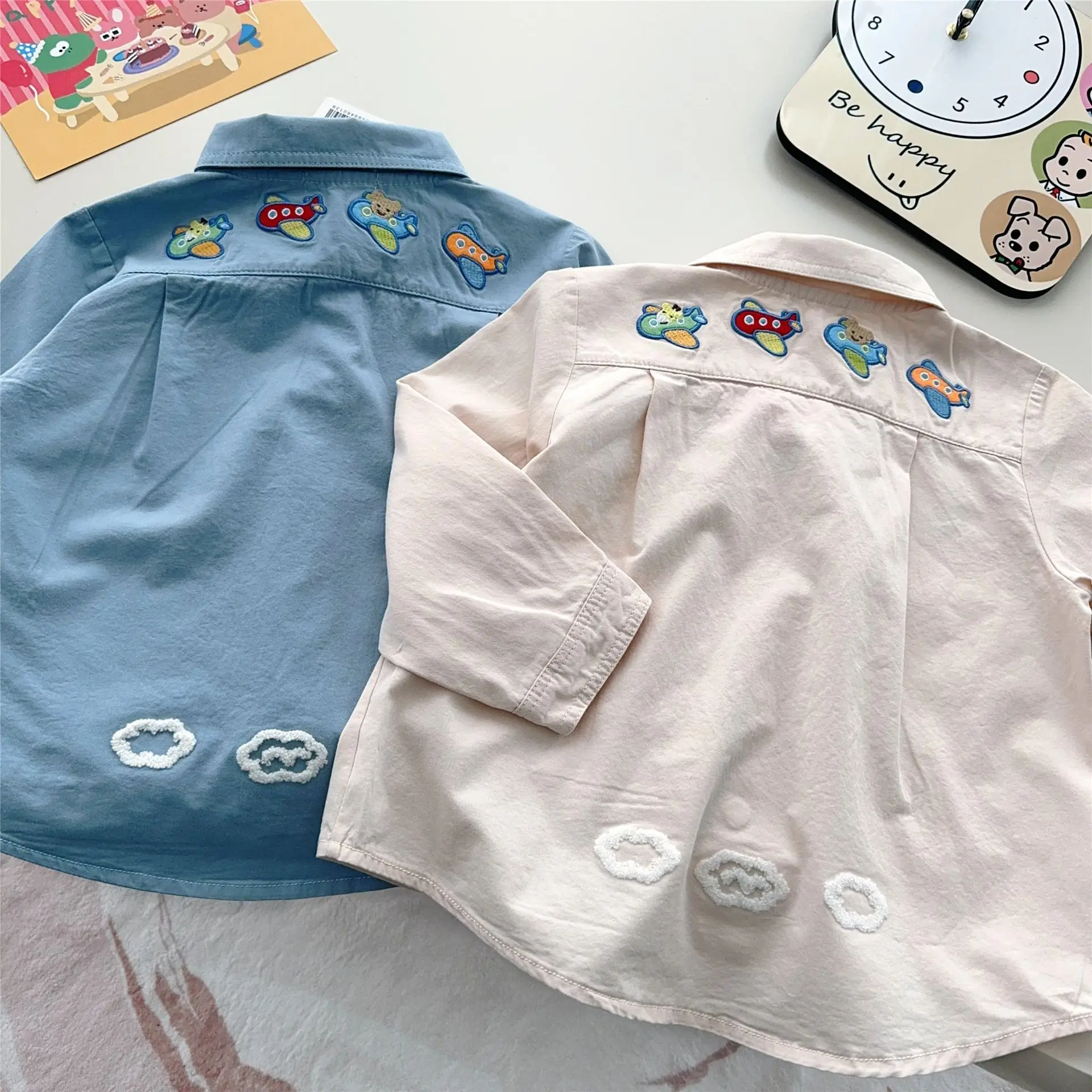 Japanese Children's Clothing 25 Spring New Item Men's And Women's Lapel Embroidery Loose Teddy Bear Flying Cartoon Shirt