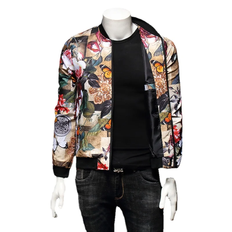 

Куртка мужская с цветочным принтом, модная деловая Повседневная Верхняя одежда с длинным рукавом, приталенный силуэт, топ с воротником-стойкой