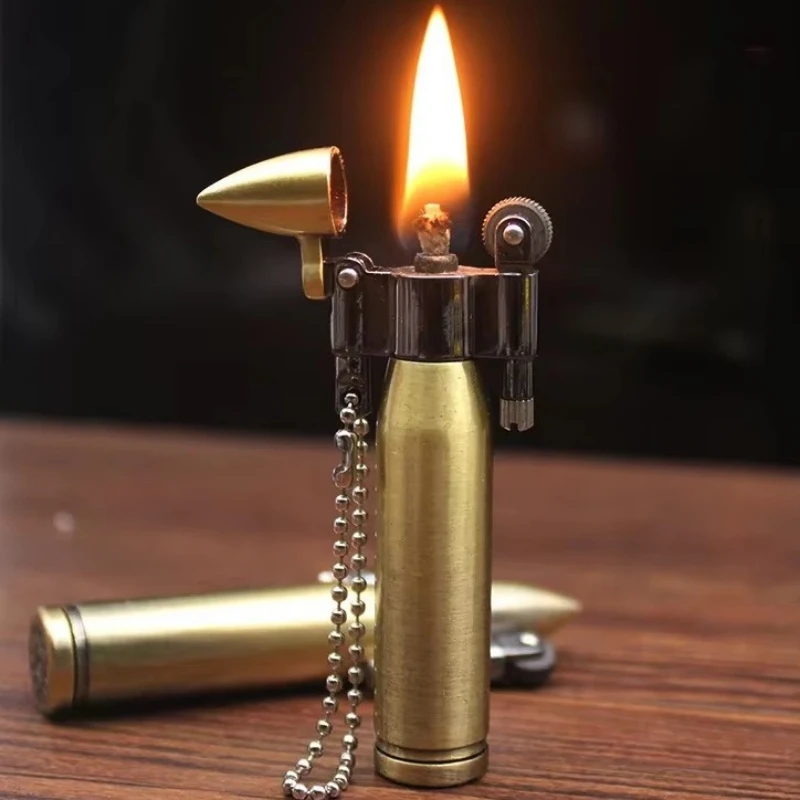 Retro Bullet Grinding Wheel Kerosene Lighter Metal Keychain Lighters Cigar Cigarette Smoking Accessories Gadget Man Gift