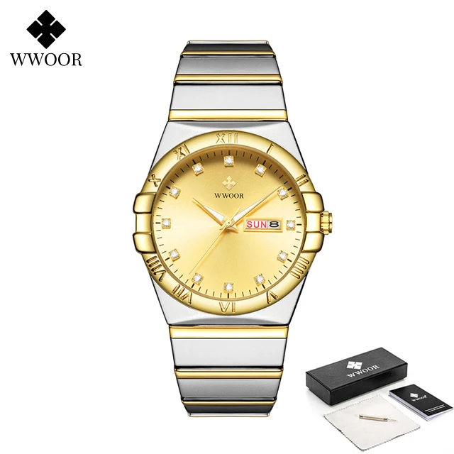 WWOOR Gold Luxury Men's Quartz Watch with Diamond Accents