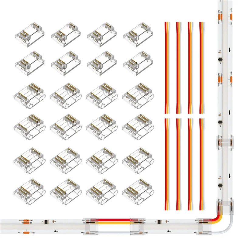 PHILE-24PCS COB RGBIC LED 스트립 용 3 핀 12Mm 투명 커버 커넥터 키트 와이어가있는 투명 갭리스 커넥터