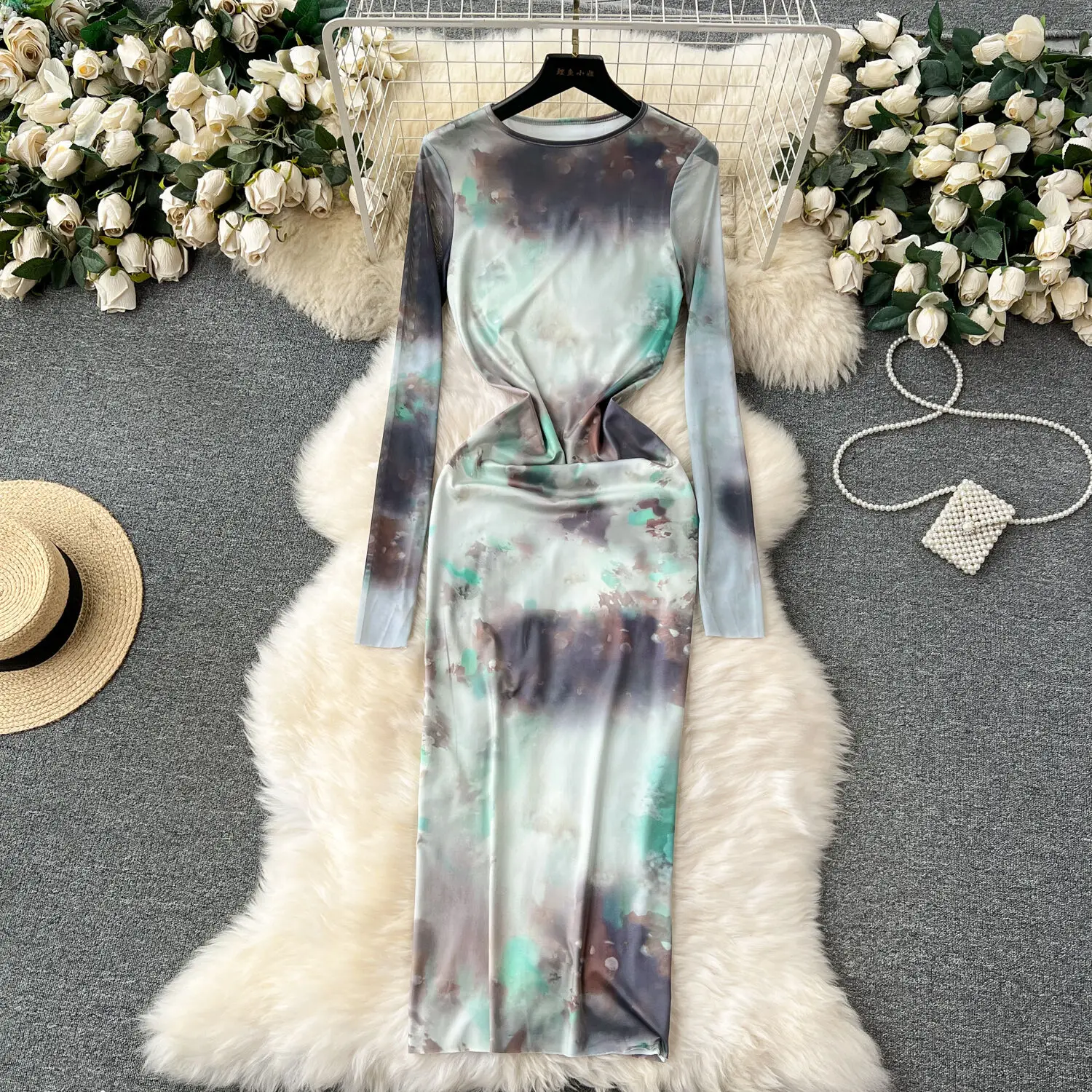 

Tie Dye Print Bodycon Long Dress for Women Spring Autumn O Neck See Through Long Sleeve Slim Stretch Casual Female Daily Dress