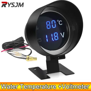 AD Round LCD Digital Display Water Temperature Meter Thermometer Voltmeter Gauge 2in1 Temp Voltage Meter 1/8 10mm Thread Sensor 1