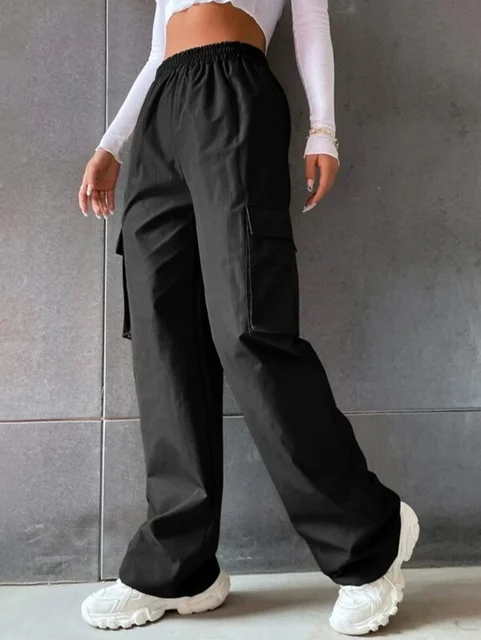 Y2K Solid Ripped Baggy Pants Fashion Women Pocket Elastic Waist Retro Straight Sweatpant Casual Streetwear Cargo New Trousers 2