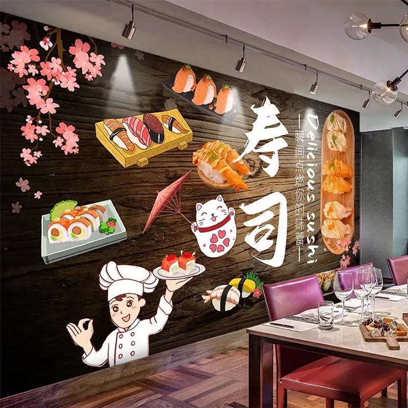 Personalizado Foto Papel de Parede Personalizado Placa de Madeira Sushi Ferramentas Fundo Mural Restaurante Snack Bar Murais
