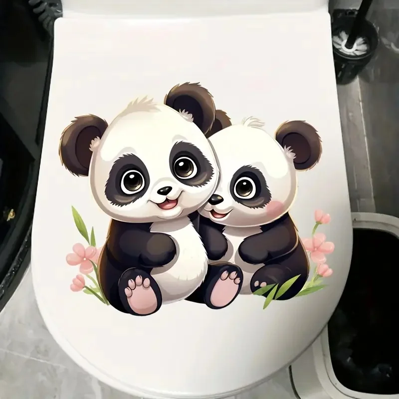 Two Cute Panda Toilet Stickers, Bright Bathroom for Home Decoration, Vinyl Animal Decals, Art Wall Paper, Poster
