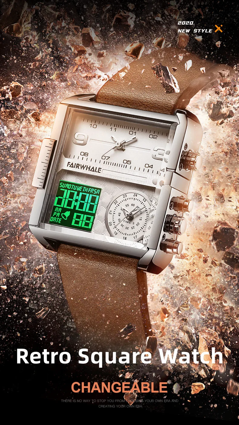 Mark Fairwhale Men's Top Luxury Brand Waterproof Watch Men's Quartz Analog Digital Watch Square Watch Trinity Design