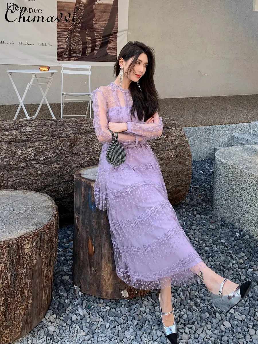 

High-End Purple Lace Stitching Mesh Embroidered Long-Sleeved Dress Fashion Round Neck Sexy See-through Slim Elegant Maxi Dress