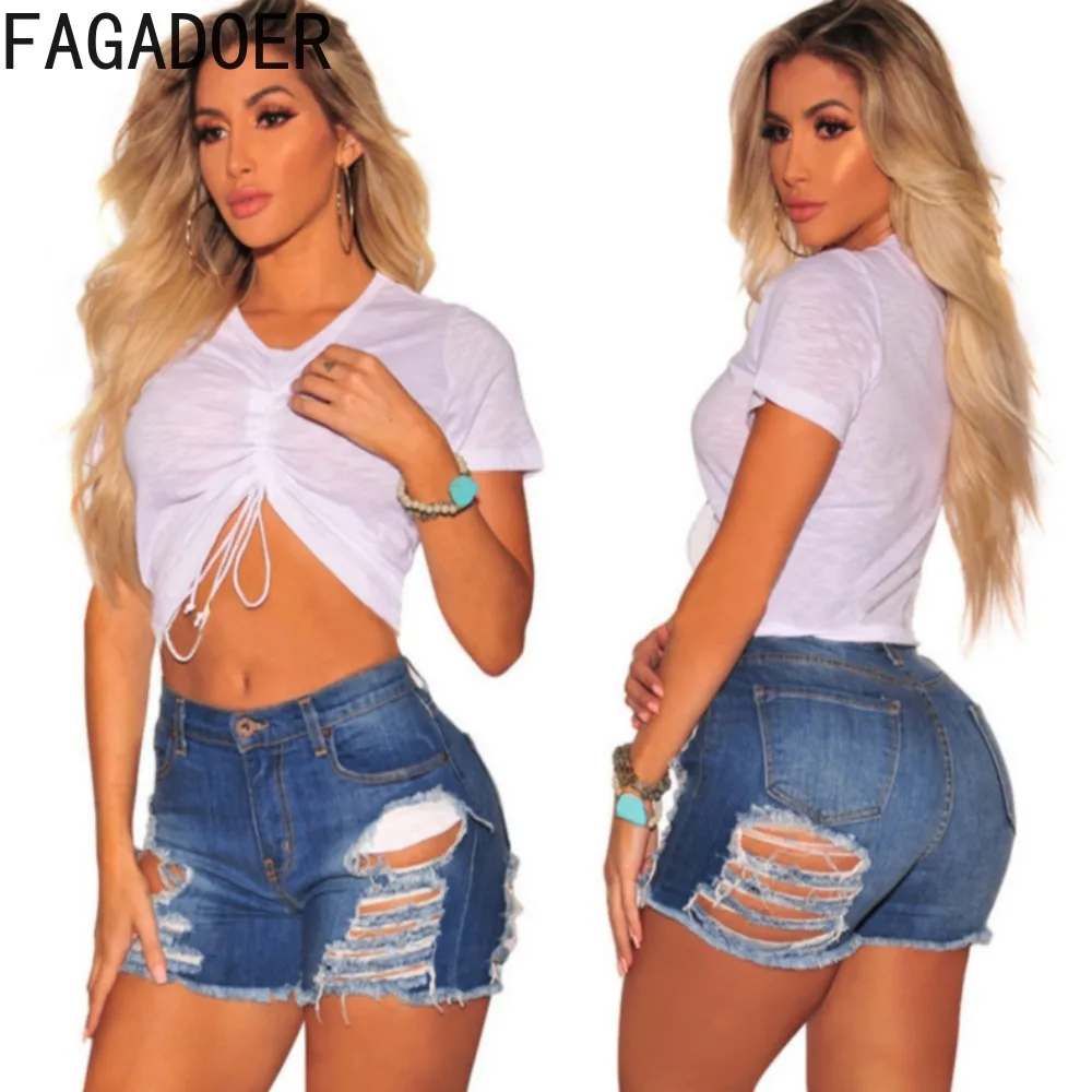 

FAGADOER Fashion Denim Hole Slim Shorts Women High Waisted Button Pocket Jean Shorts Summer New Female Matching Cowboy Bottoms