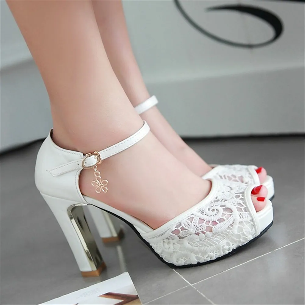 Women Summer Lace Bow Mesh Shoes Fish Mouth High Heel Ladys Platform Sandals Evening White Dress Wedding Female Zapatos De Mujer