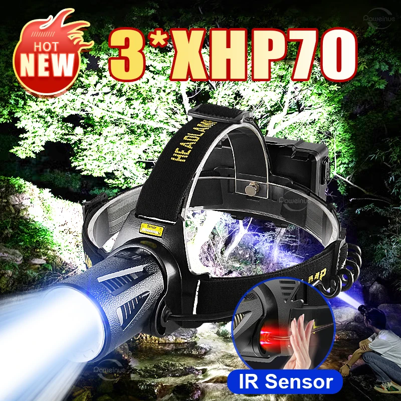 강한 조명 3*XHP70 LED 헤드 램프 슈퍼 밝은 유도 헤드 손전등 USB 재..
