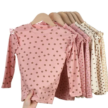 Spring Autumn Girls Ruffle Collar Floral Print Tshirt Children Solid Ribbed Bottoming Shirt Kid Baby Casual Cotton Tees Clothes 1