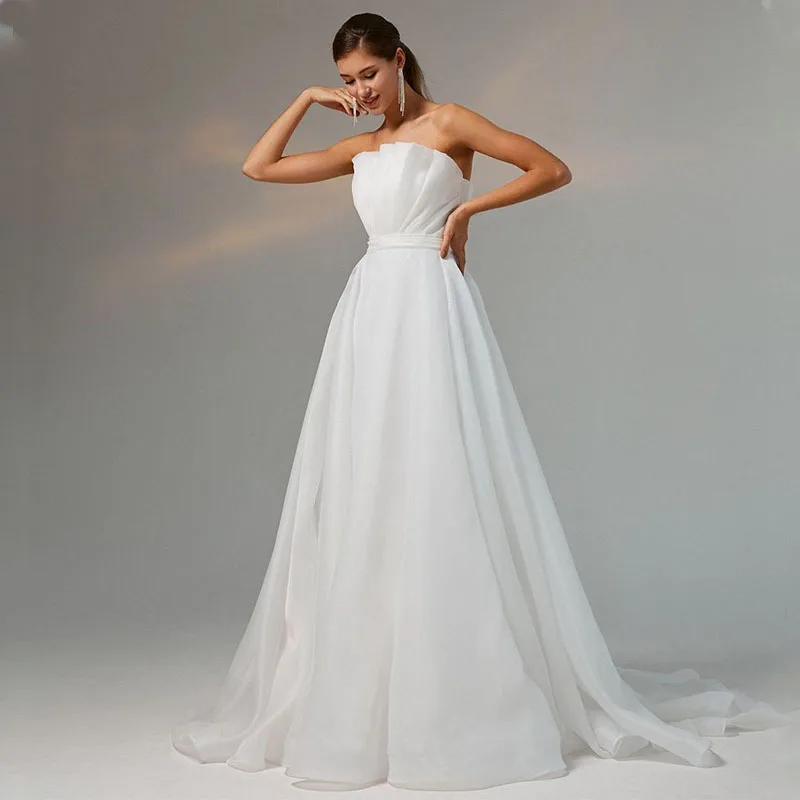 

Strapless Ruched Bodice Ball Gowns Organza Wedding Dress With Detachable Long Sleeves Empire Bridal GownsVestido De Novia