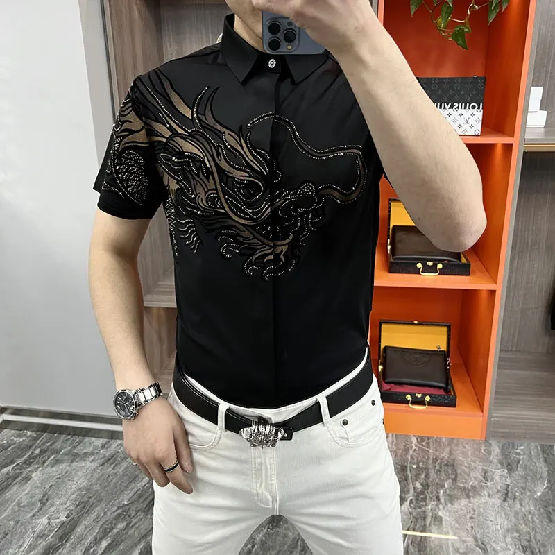 

Elegant Fashion Harajuku Slim Fit Ropa Hombre Loose Casual All Match Shirt Pointed Collar Printed Thin Style Short Sleeve Blusa