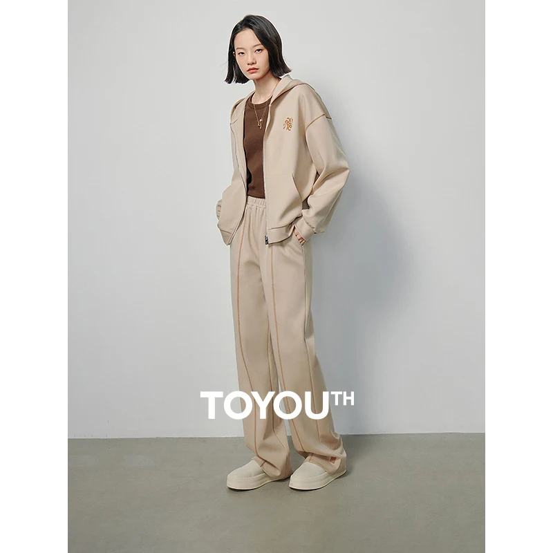 Toyouth 여성용 투피스 세트, 2024 용수철 긴팔 스웻셔츠와 스웻팬츠 애스플로우 스타일, 캐주얼 컴포트 카키 스포츠 세트