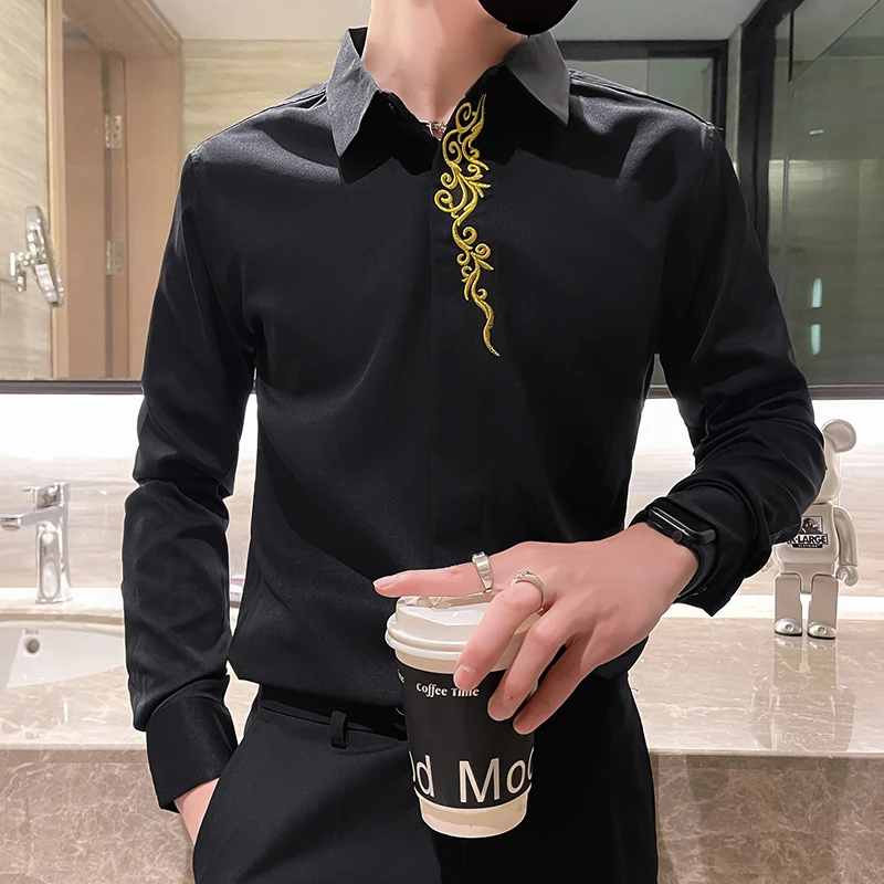 

Luxury Embroidery Long-sleeved Shirts for Men Autumn Spring Korean Lapel Mens Shirt Tops Fashion Buttons Camisa Social Masculina